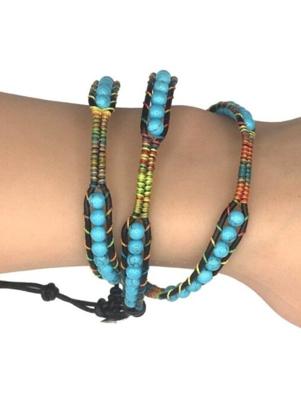 Wrap Bracelet Blue Black Beaded Boho Style Adjustable Length